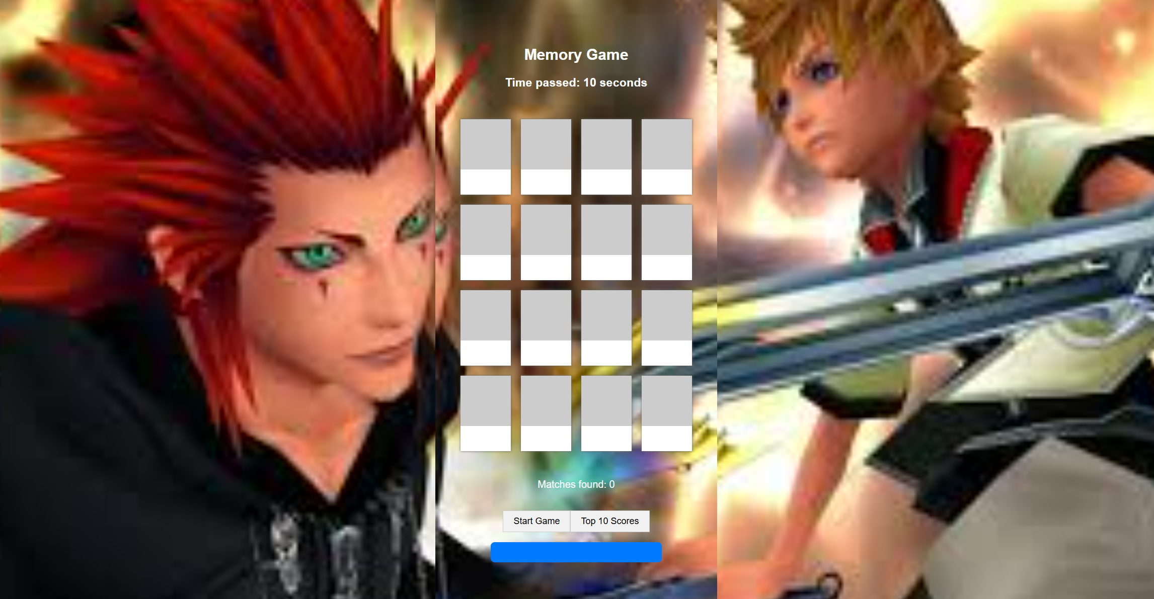 Memory Match game in a web based interface, with a Kingdom Hearts background with Roxas and Axel